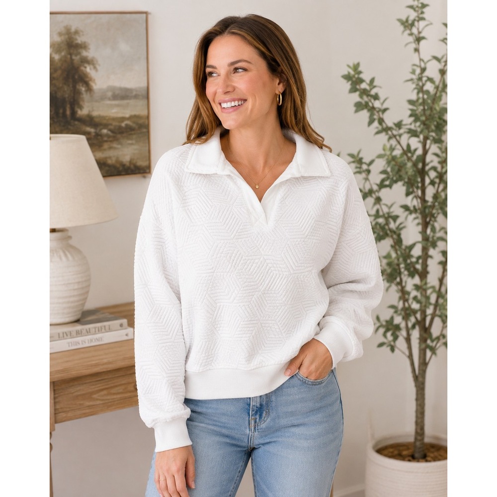 Simply Southern White Textured Pullover Collared Sweatshirt Women Large Casual